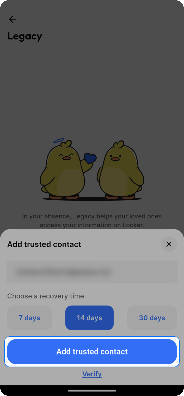 Add trusted contact sheet with email frosted and recovery time