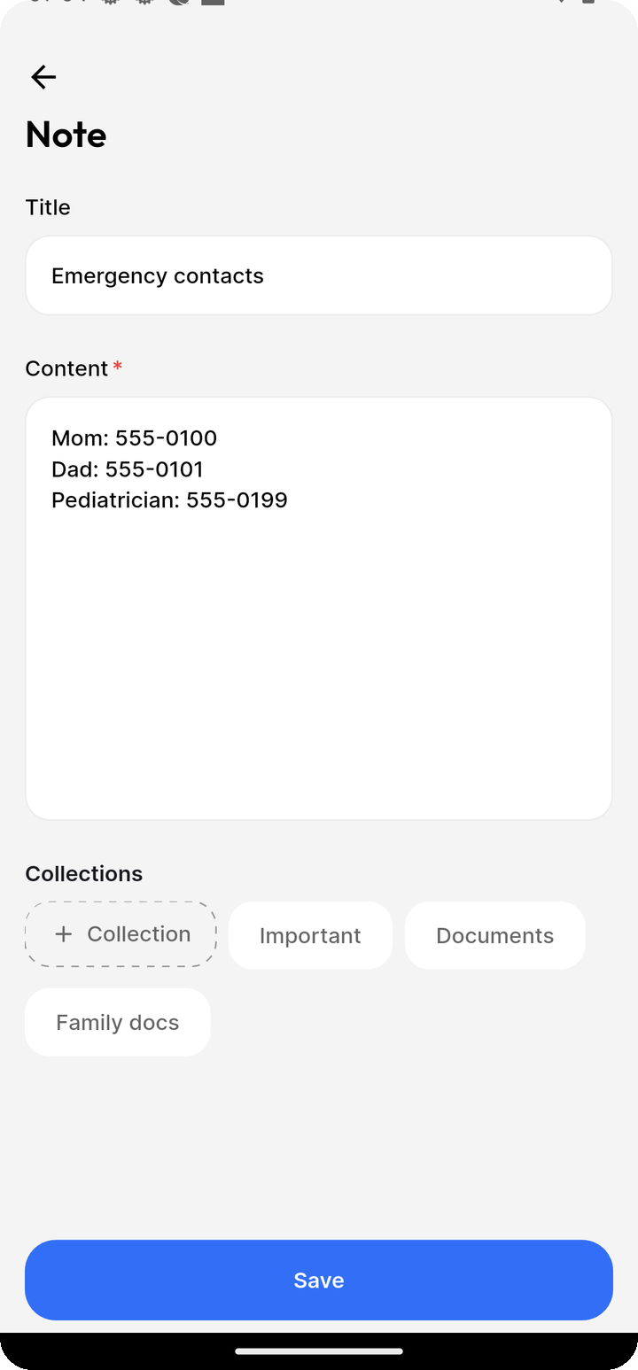 Add Note form on Ente Locker mobile