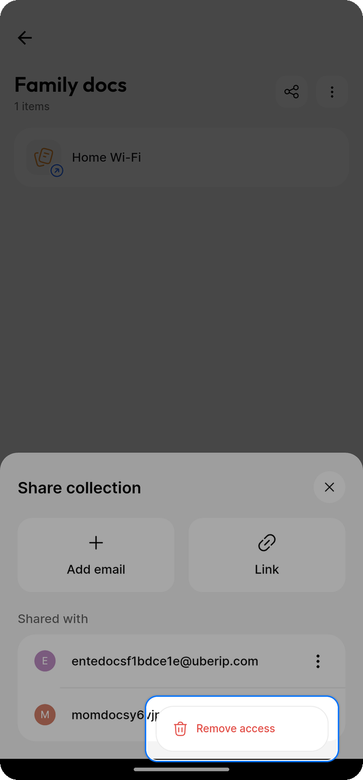 Remove access menu row highlighted on Share collection sheet on Ente Locker Android
