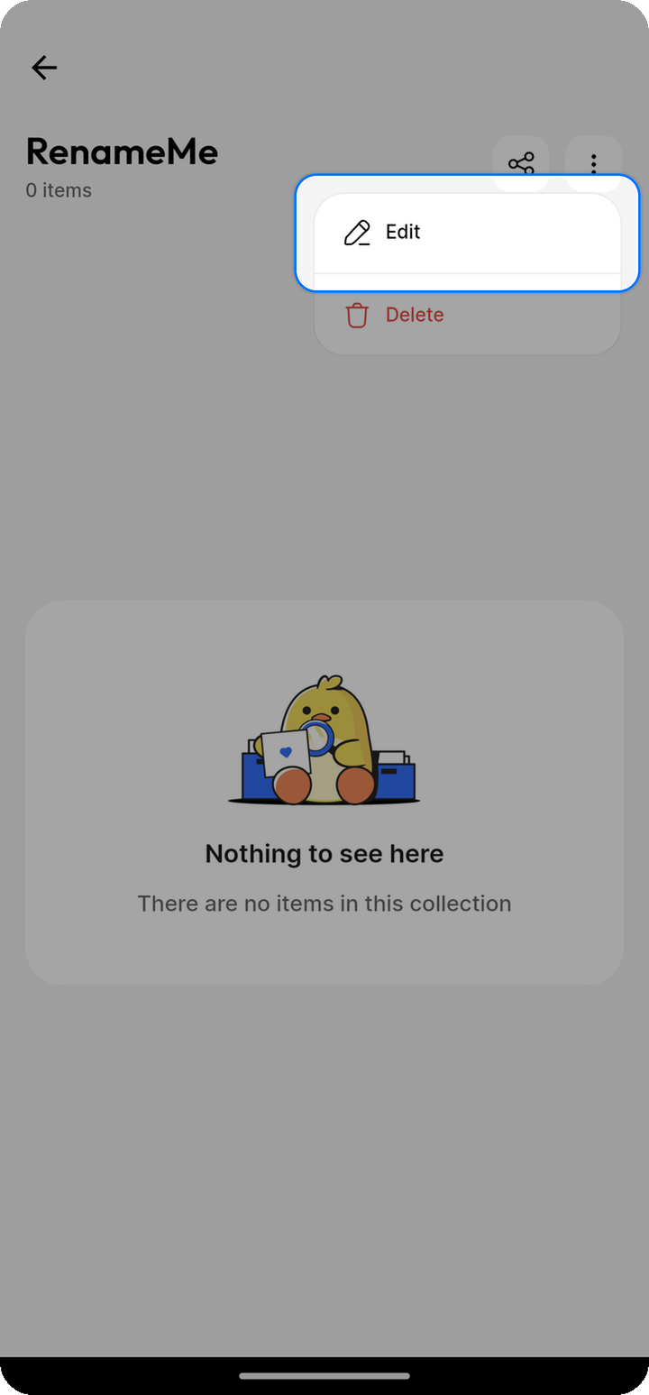 Edit menu row highlighted for renaming a collection on Ente Locker Android