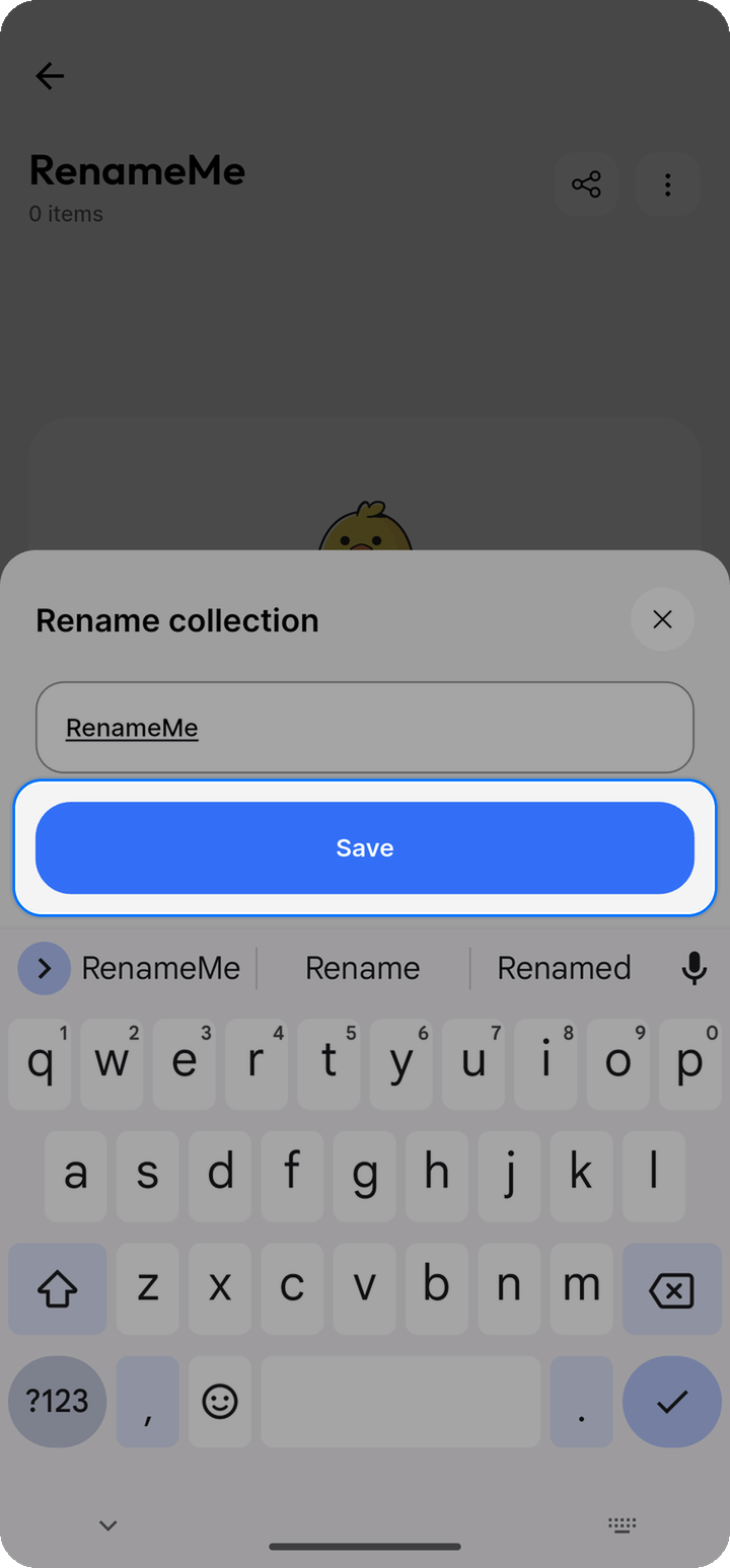 Save button highlighted on Rename collection sheet on Ente Locker Android