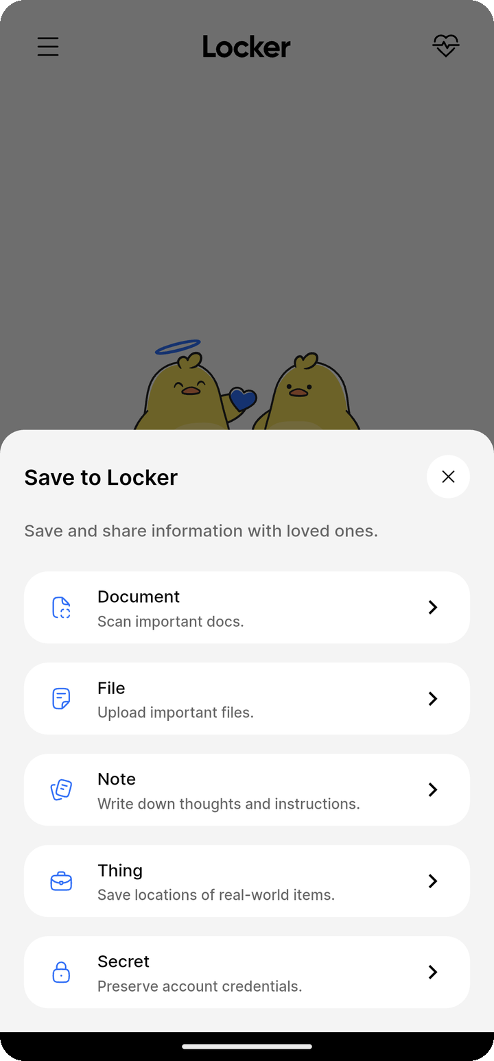 Save to Locker menu with Document, File, Note, Thing, and Secret