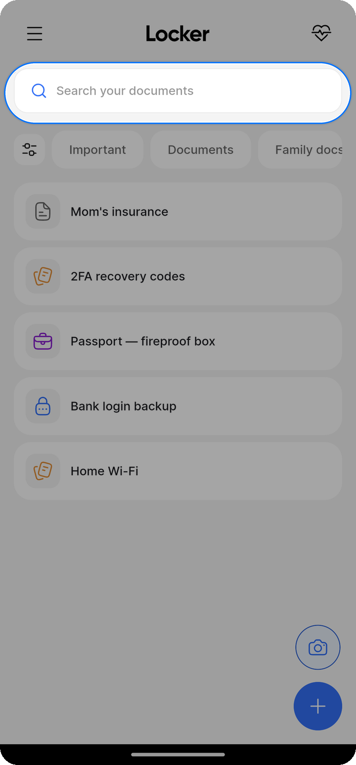Search your documents bar on Ente Locker mobile