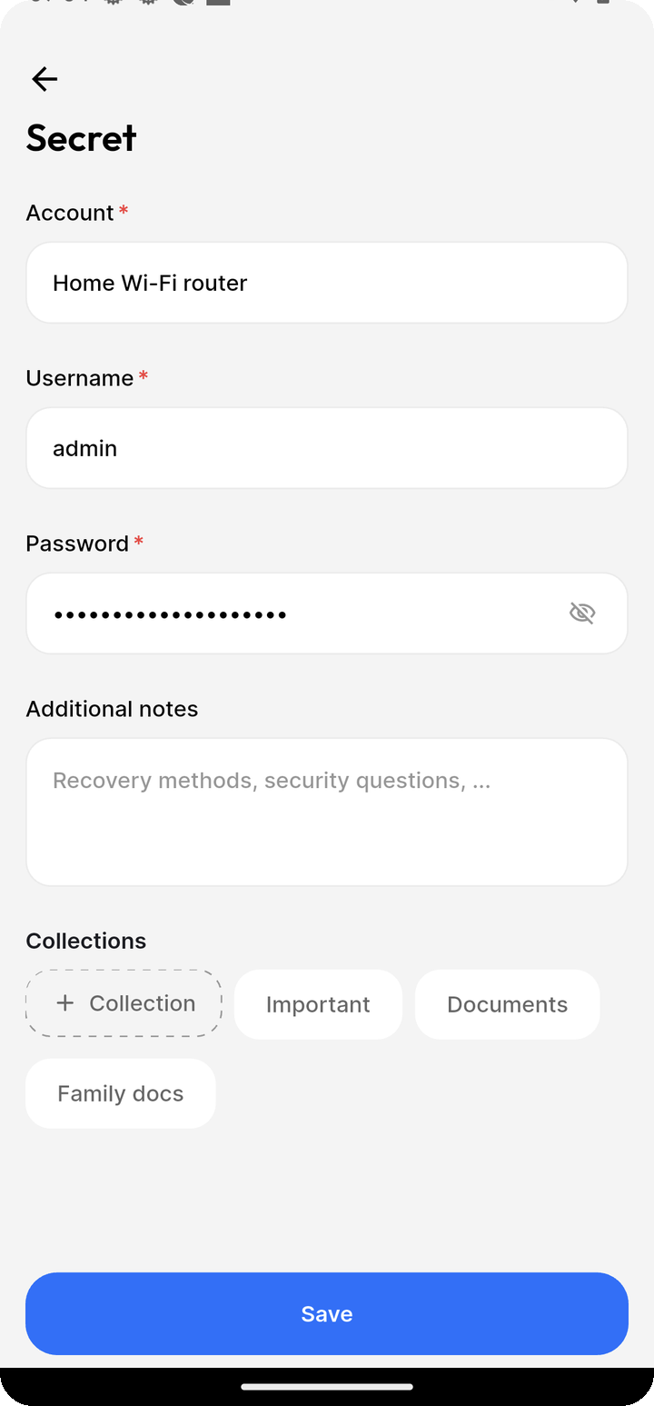 Create Secret form on Ente Locker mobile