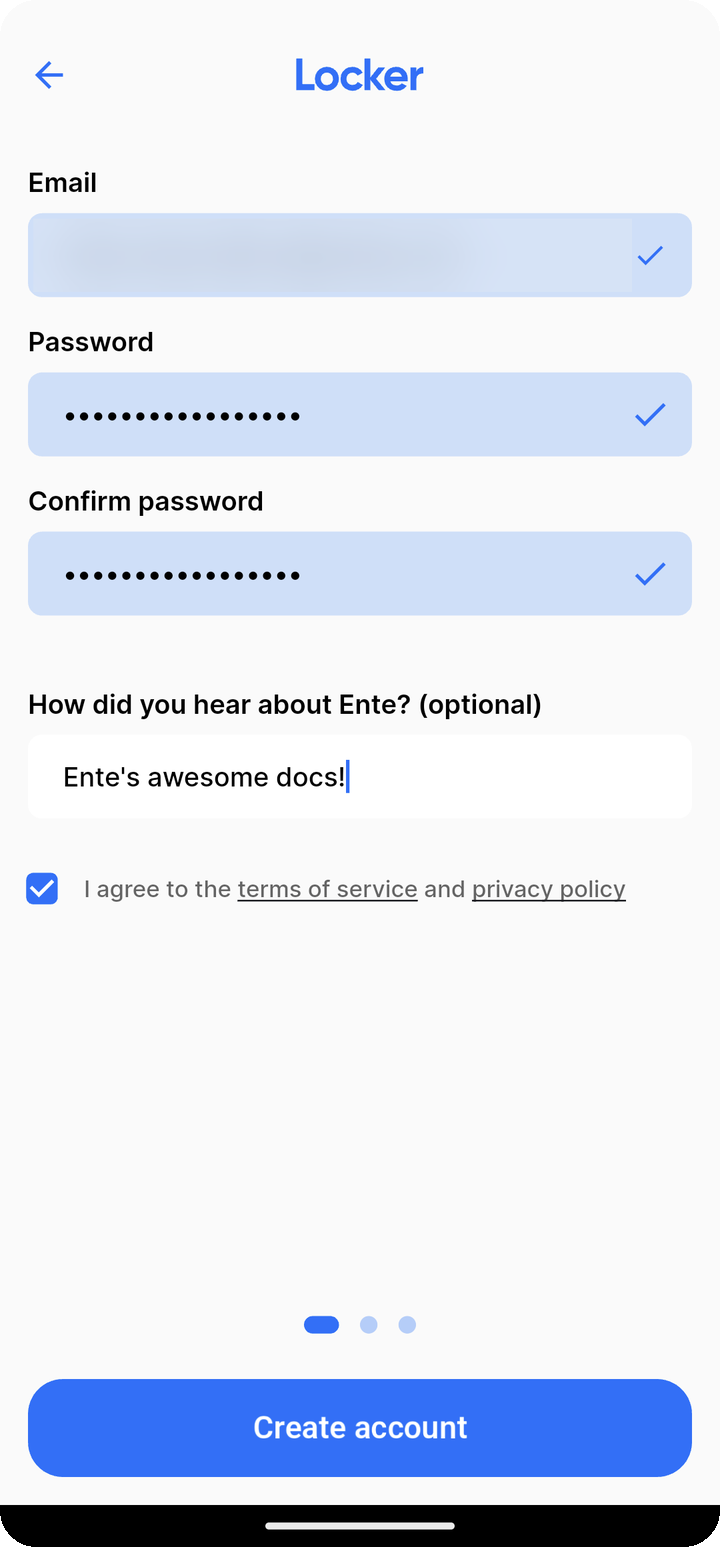 Create account form on Ente Locker mobile with email frosted