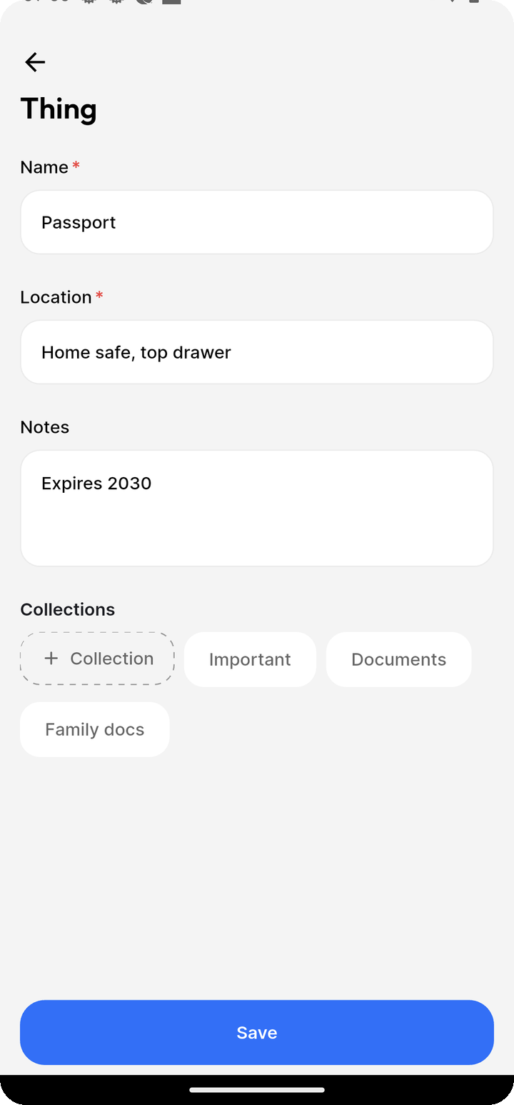 Create Thing form on Ente Locker mobile