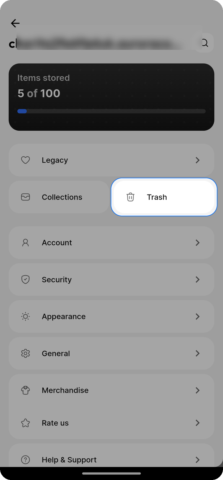 Trash entry in Locker settings drawer