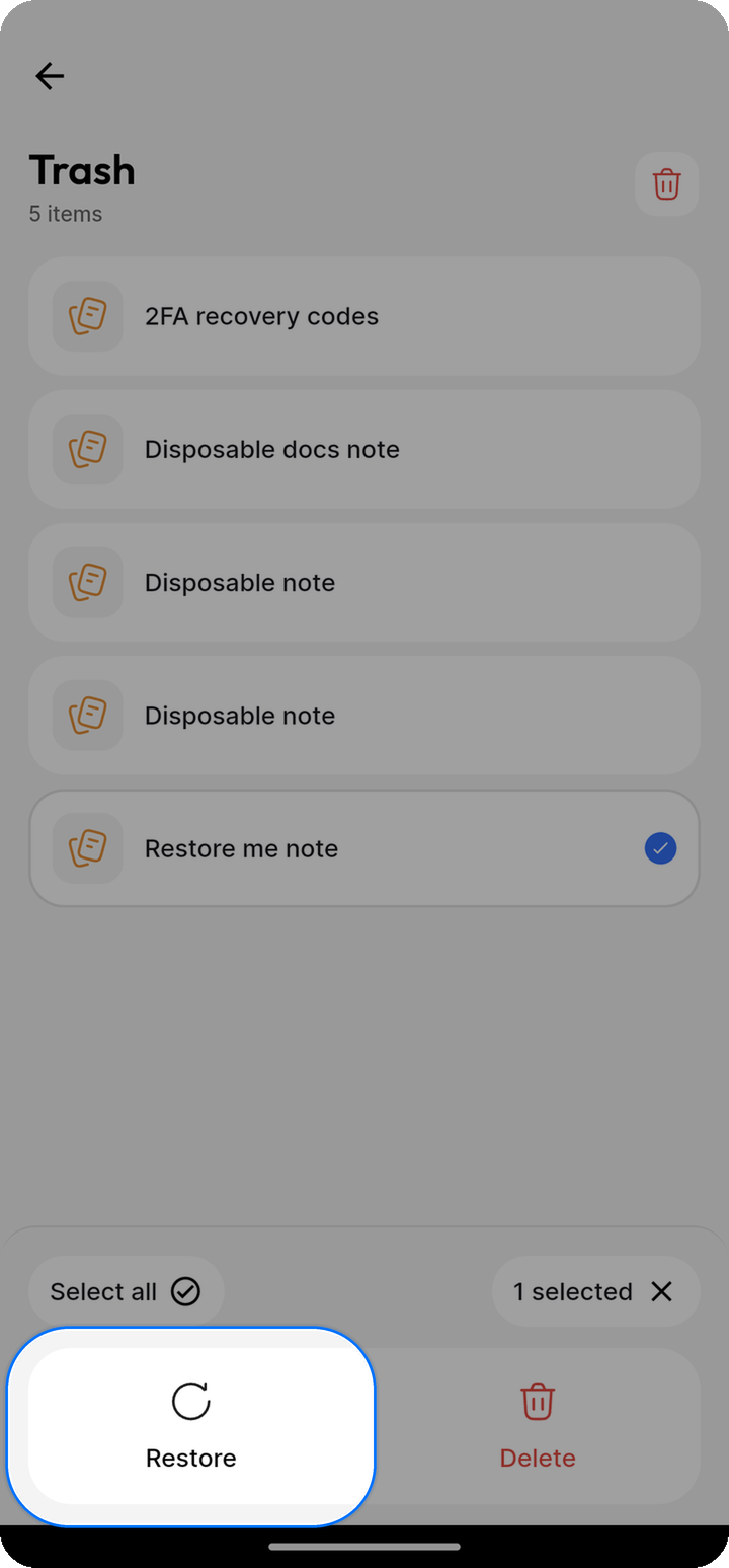 Restore action highlighted on Trash selection toolbar on Ente Locker Android