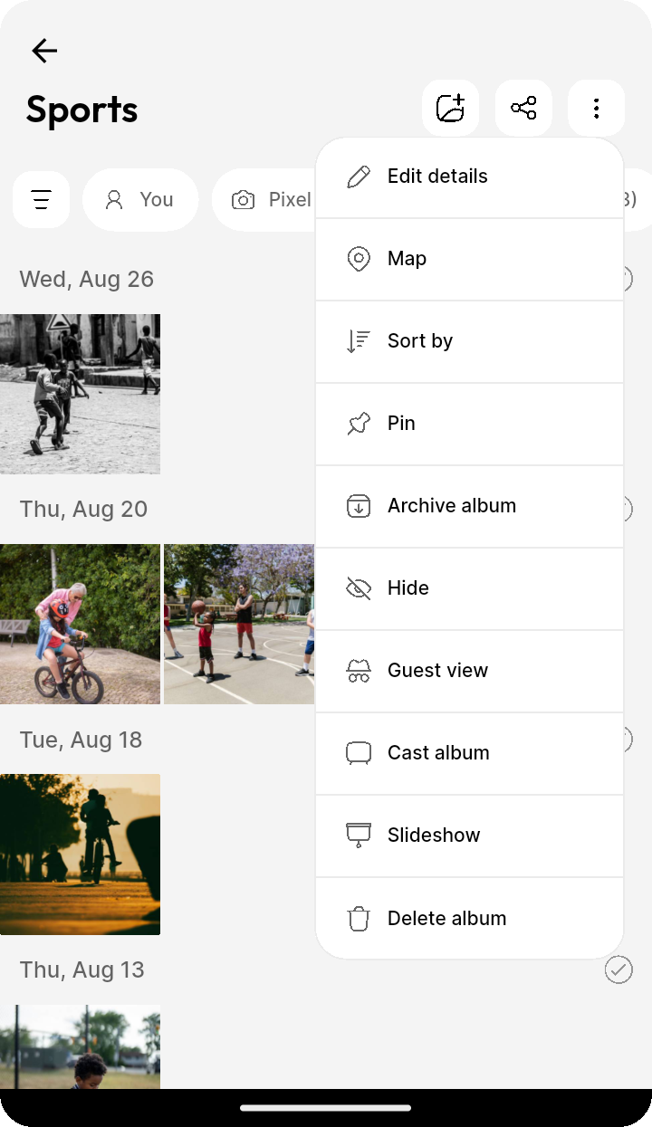 Album overflow menu on Ente Photos mobile showing Edit details, Sort by, and Pin options