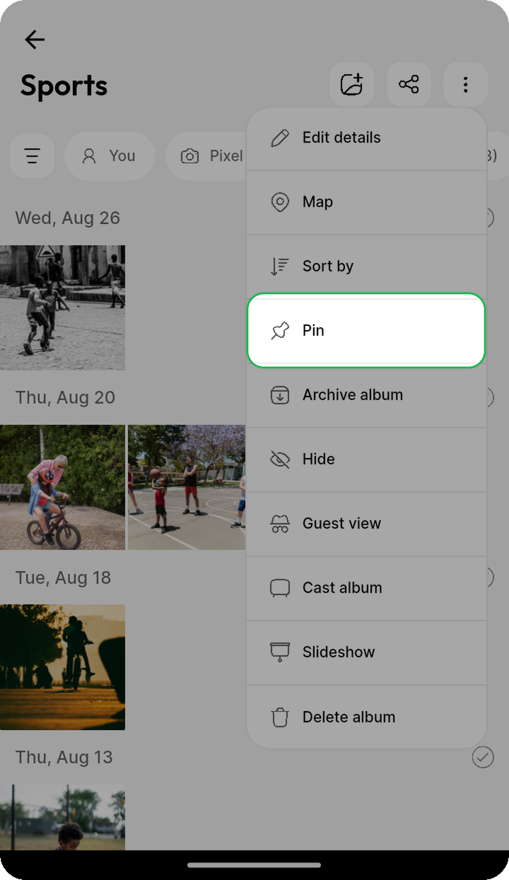 Pin album option highlighted in the Ente Photos mobile overflow menu