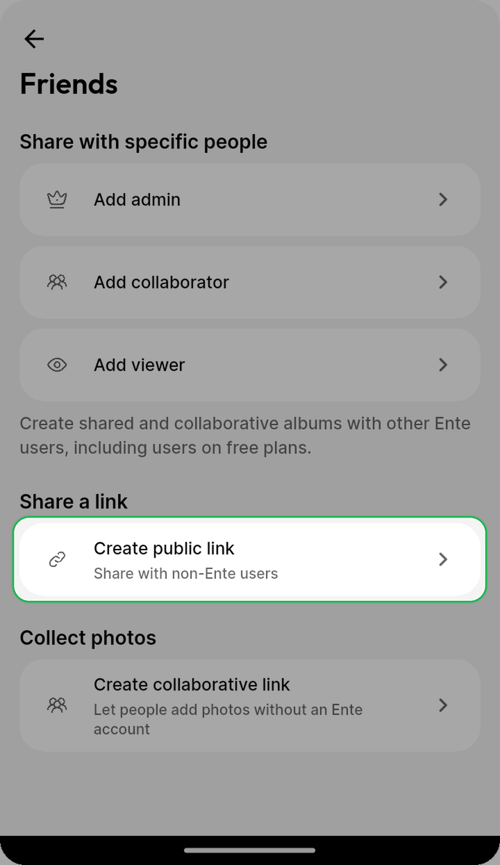 Create public link highlighted on Ente Photos mobile