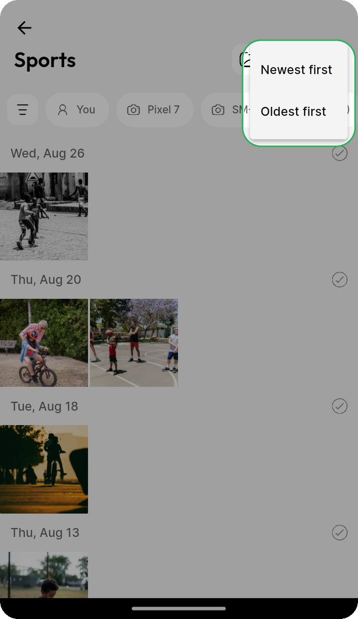 Sort album photos menu highlighted on Ente Photos mobile with newest first and oldest first