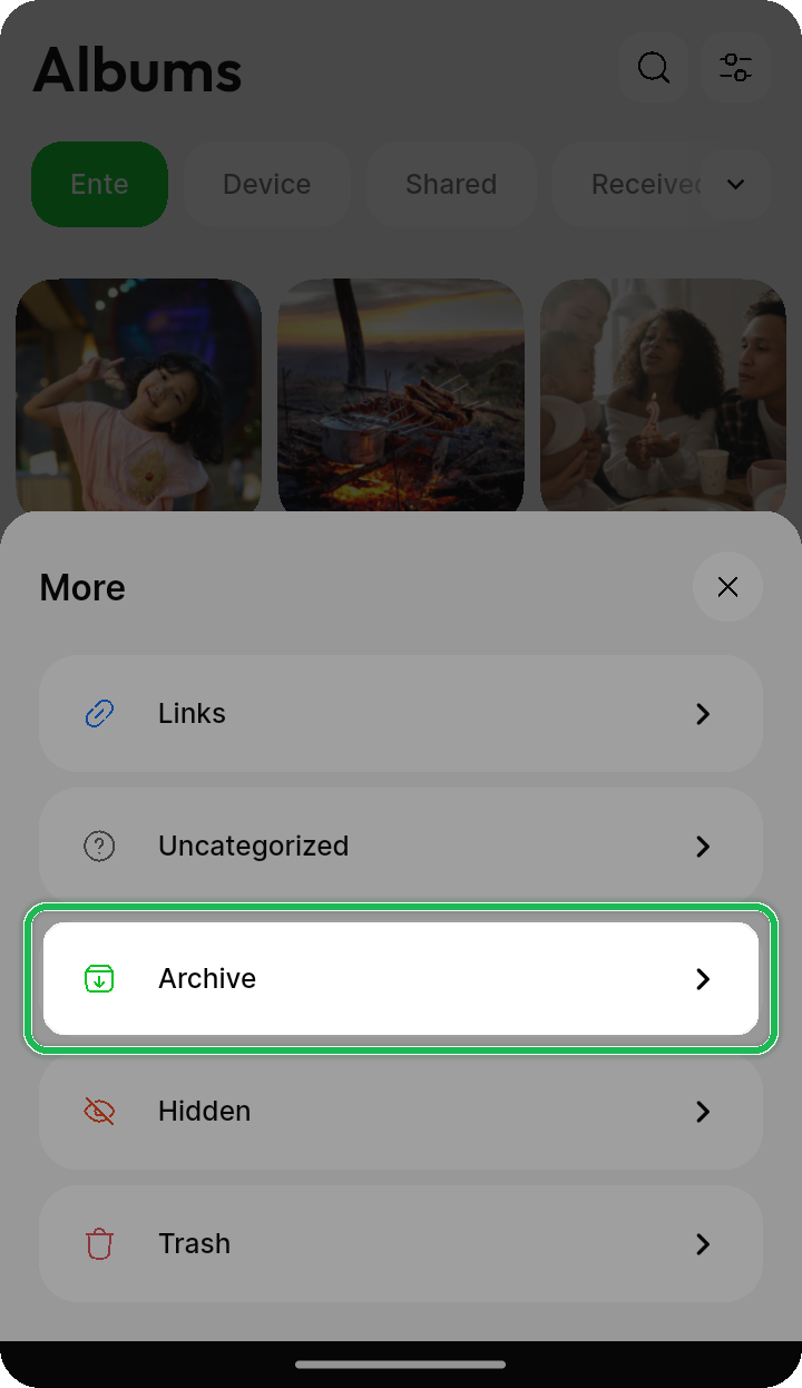 Archive option highlighted in the Albums More sheet on Ente Photos mobile