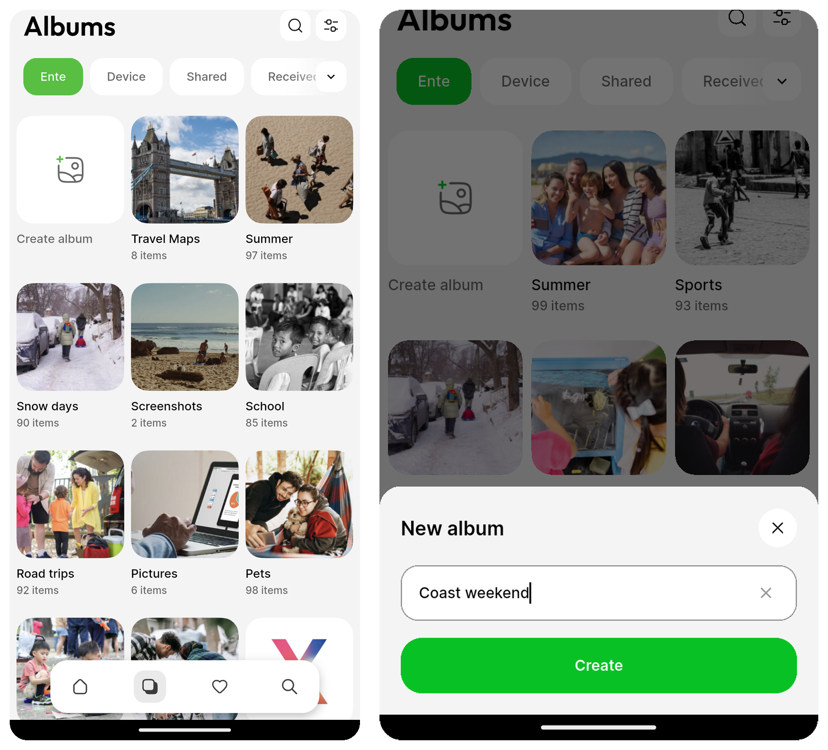 Albums grid and New album dialog side by side on Ente Photos mobile