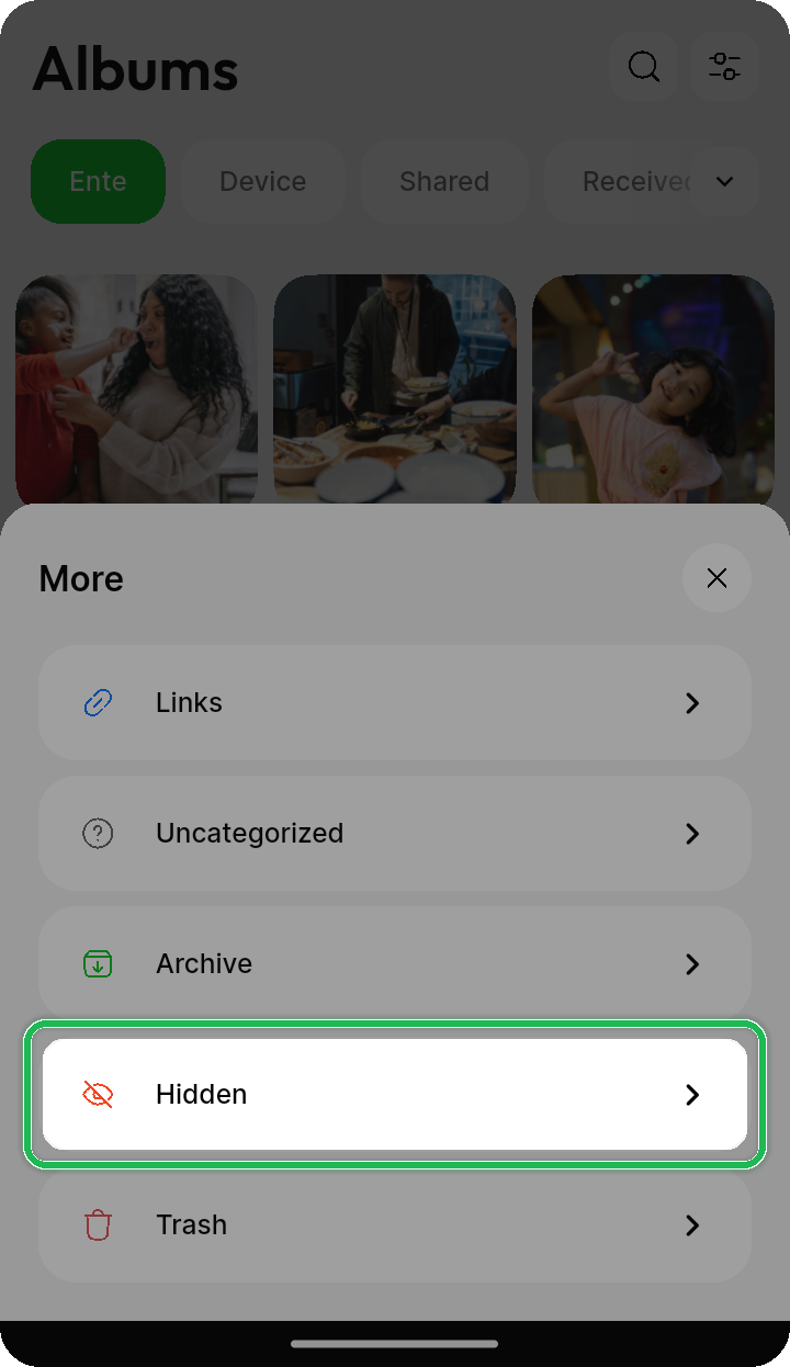 Hidden option highlighted in the Albums More sheet on Ente Photos mobile