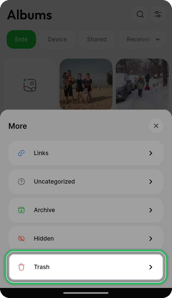 Trash option highlighted in the Albums More sheet on Ente Photos mobile