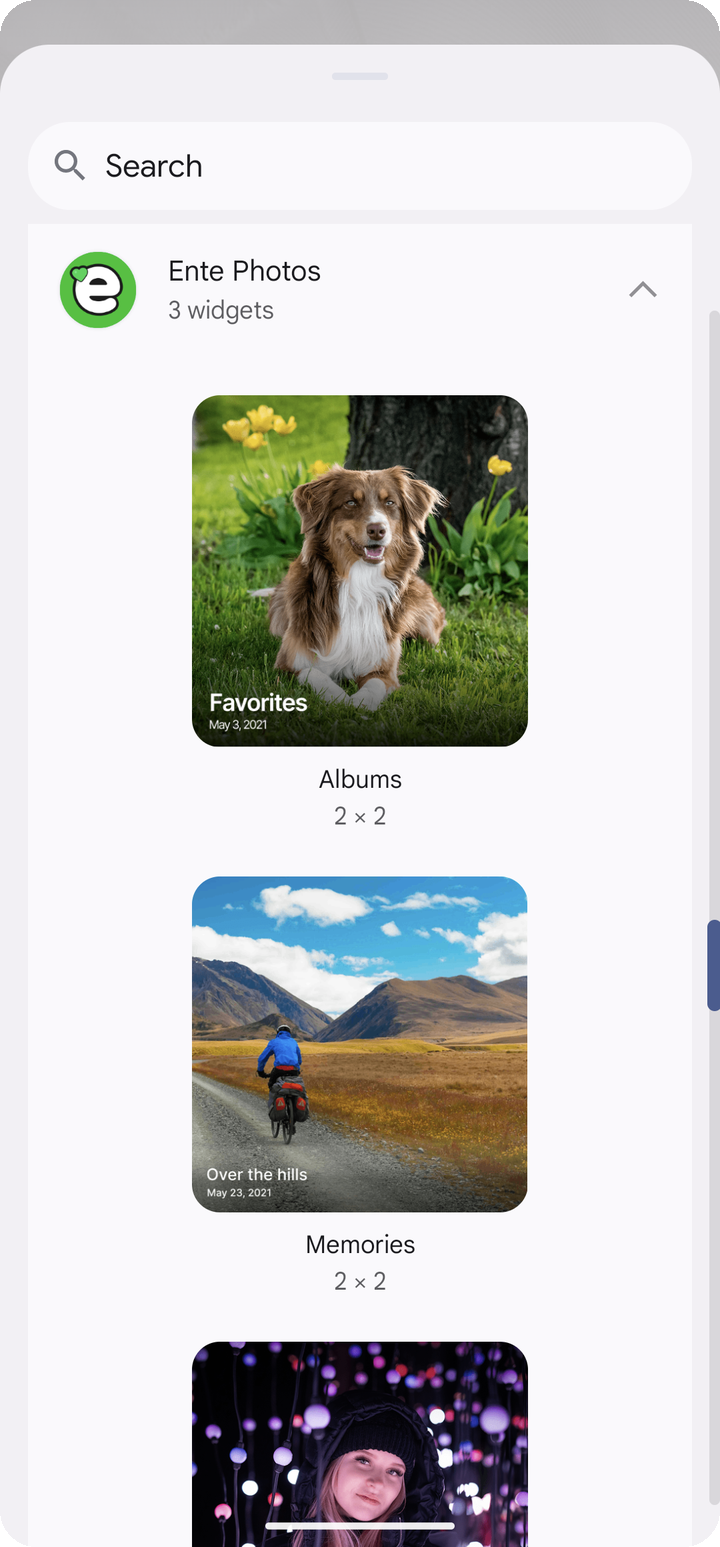 Android Widgets picker showing Ente Photos expanded with Albums Memories and People widget previews