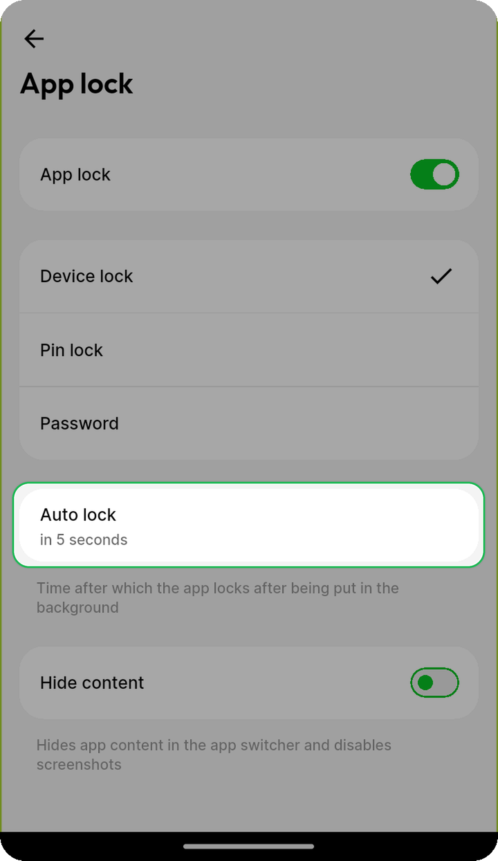 Auto lock row highlighted on the App lock settings screen in Ente Photos mobile