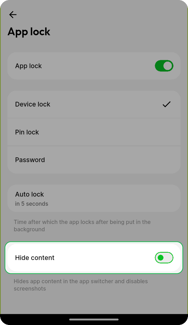 Hide content toggle highlighted on the App lock settings screen in Ente Photos mobile