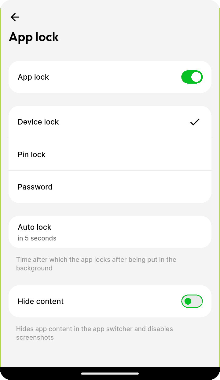App lock settings showing Device lock, Pin lock, Password, Auto lock, and Hide content on Ente Photos mobile