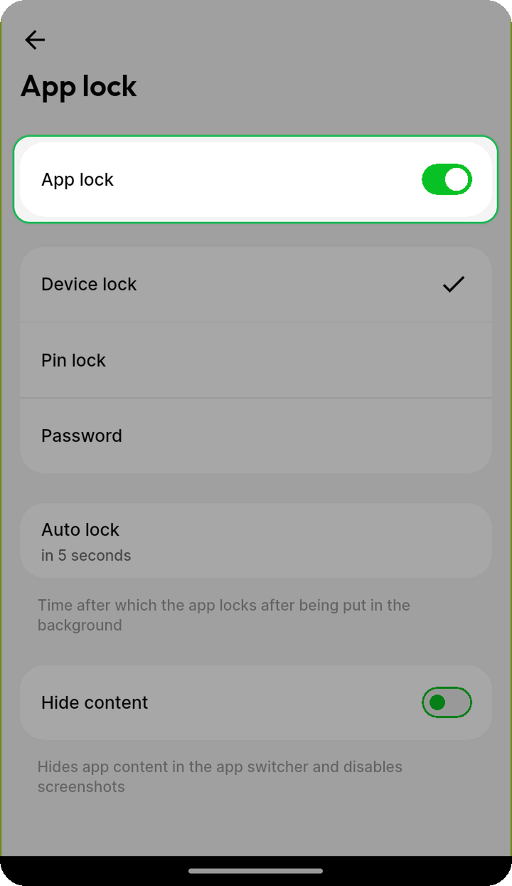 App lock toggle highlighted on the App lock settings screen in Ente Photos mobile
