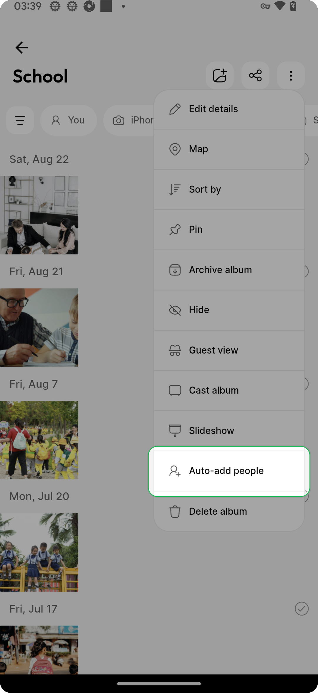 Album overflow menu highlighting Auto-add people on Ente Photos mobile