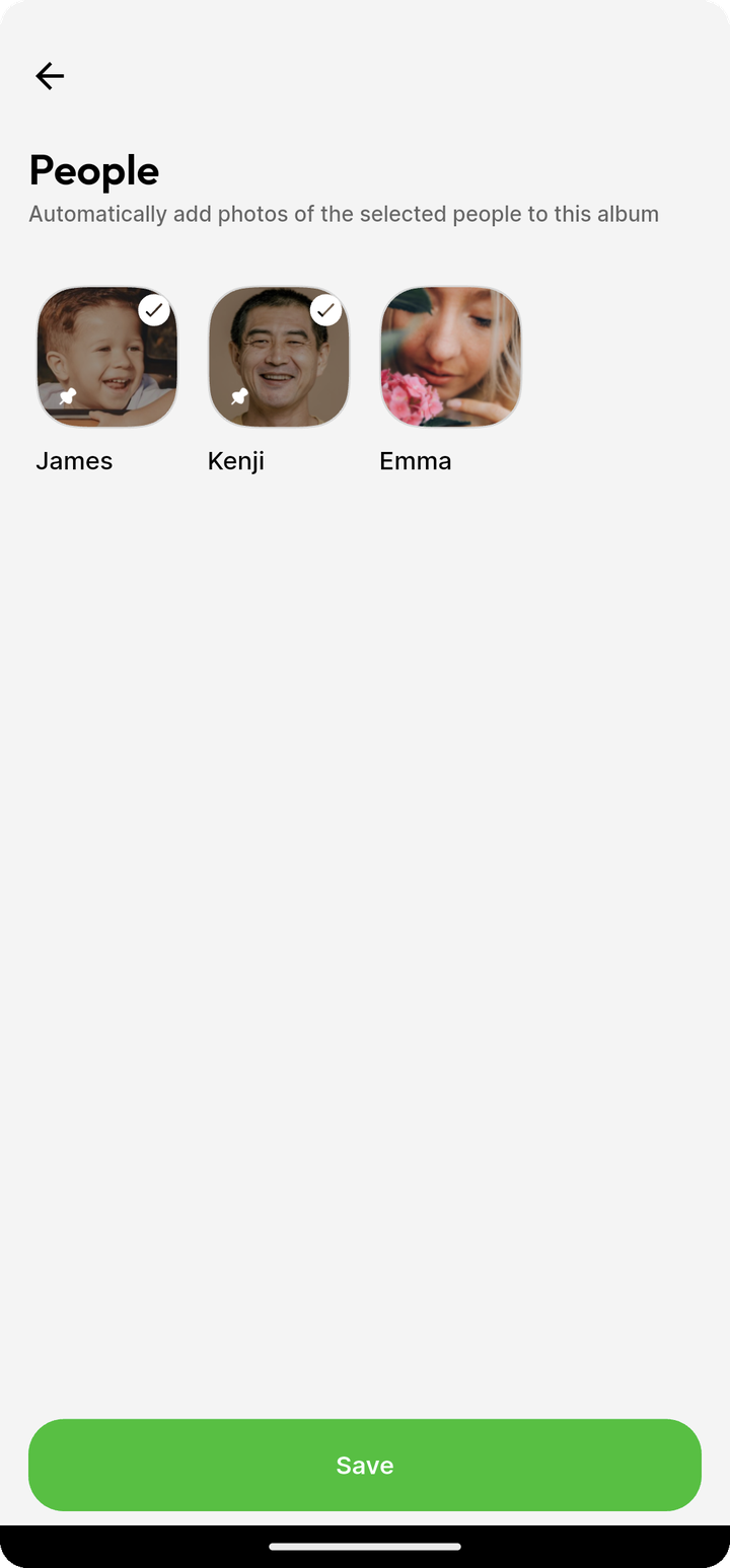 People picker with face thumbnails selected and Save enabled on Ente Photos mobile