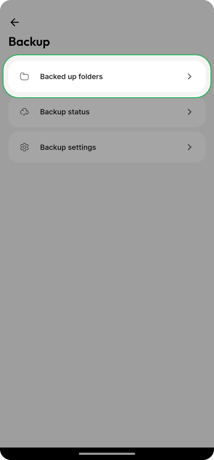 Ente Photos Android Backup menu highlighting the Backed up folders row