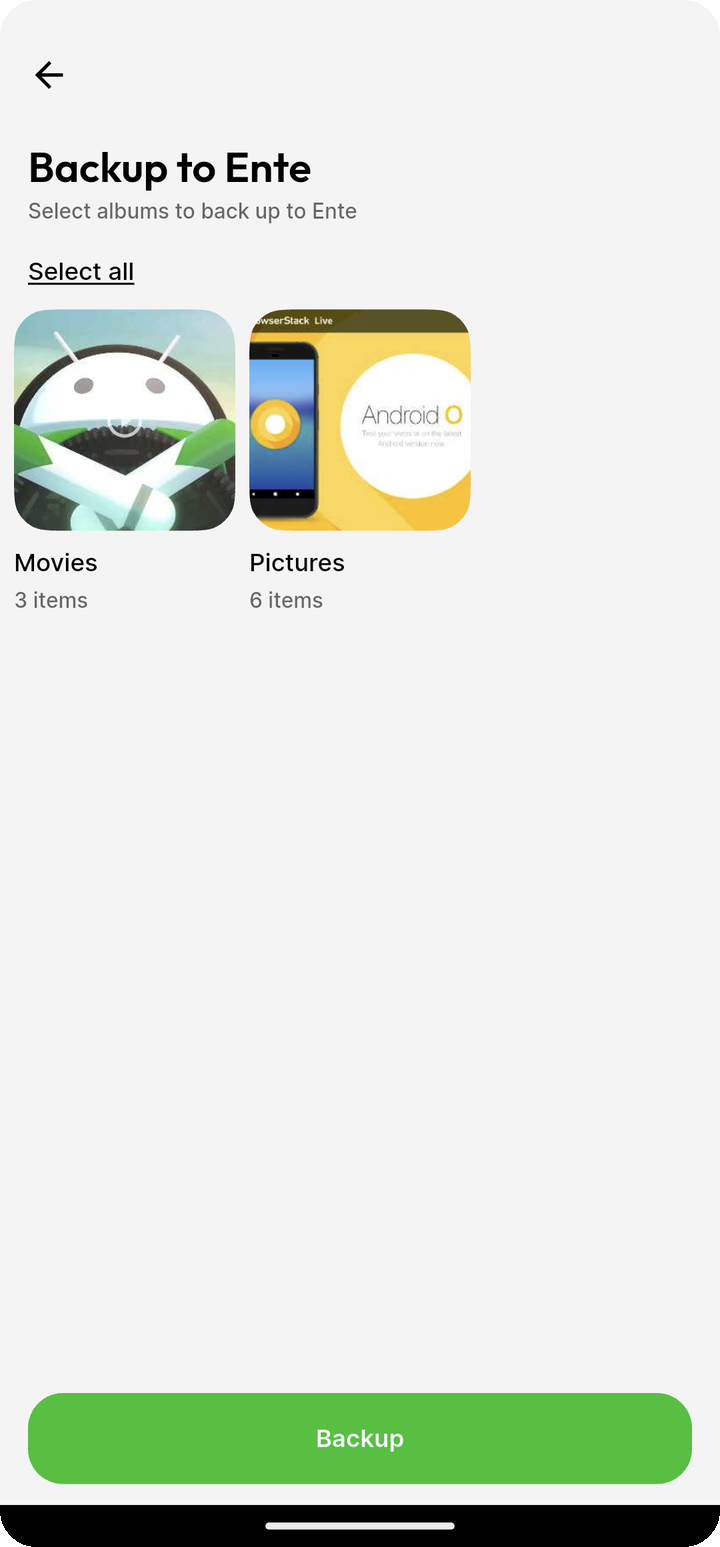 Ente Photos Android Backed up folders screen with selectable device albums and checkmarks