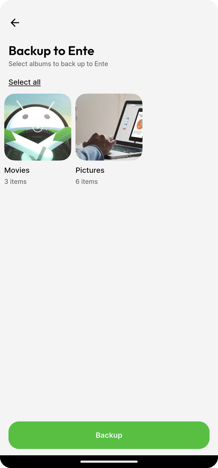 Backup to Ente folder selection with Movies and Pictures albums on Ente Photos mobile