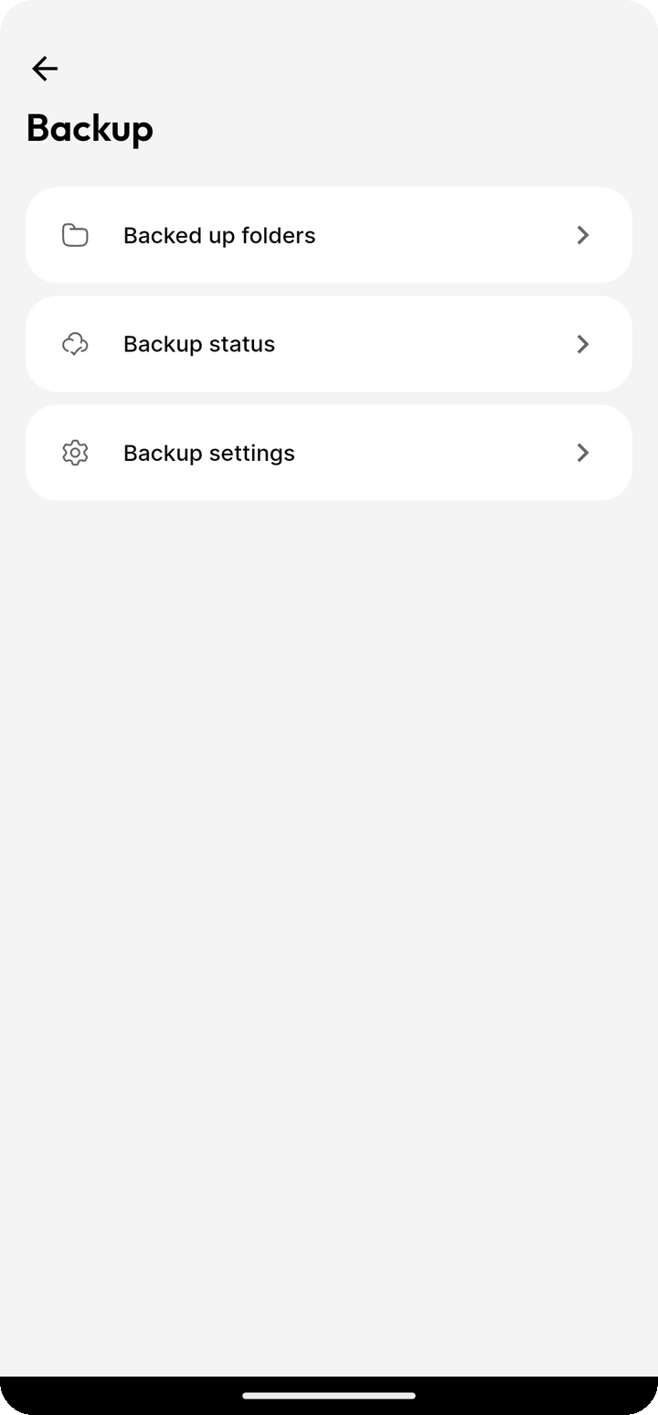 Backup settings hub with Backed up folders Backup status and Backup settings on Ente Photos mobile