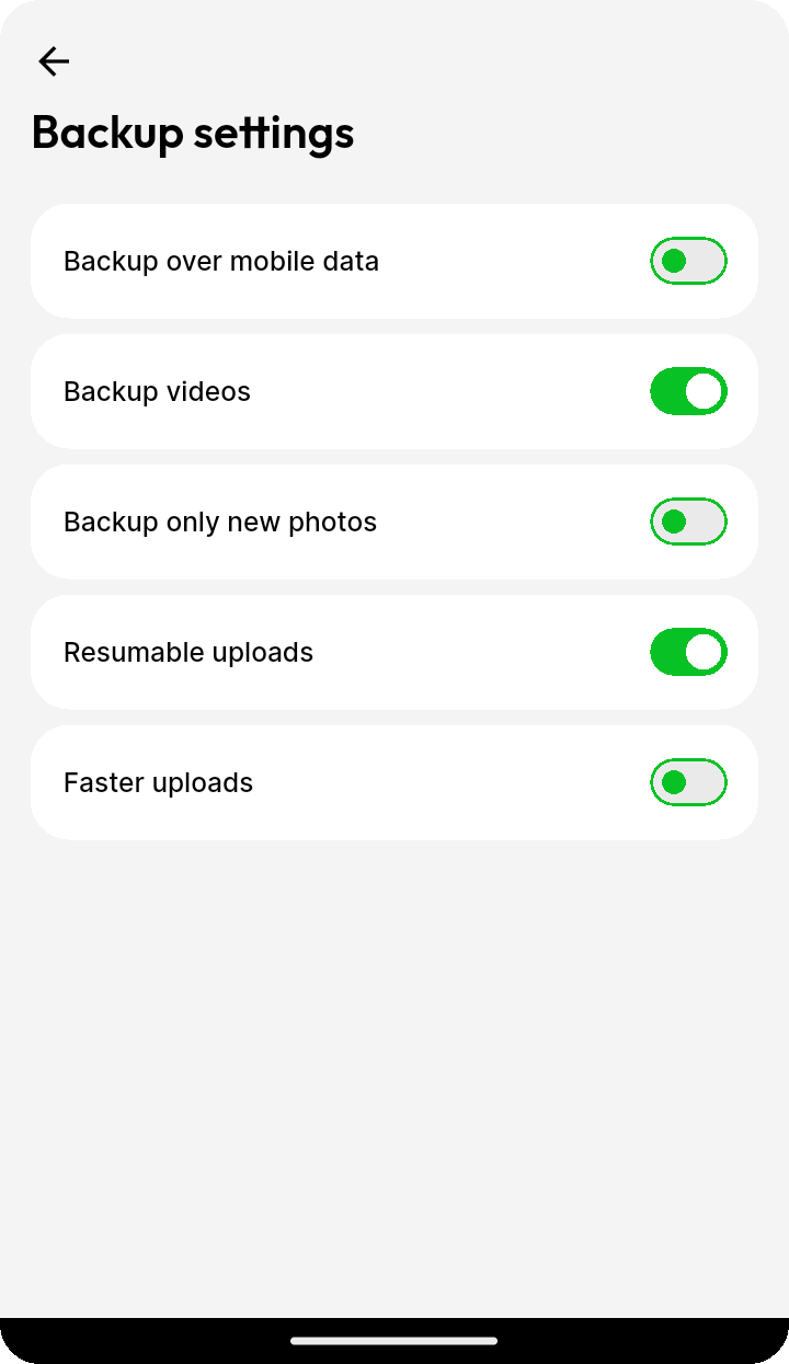 Ente Photos Android Backup settings showing Backup only new photos and related toggles