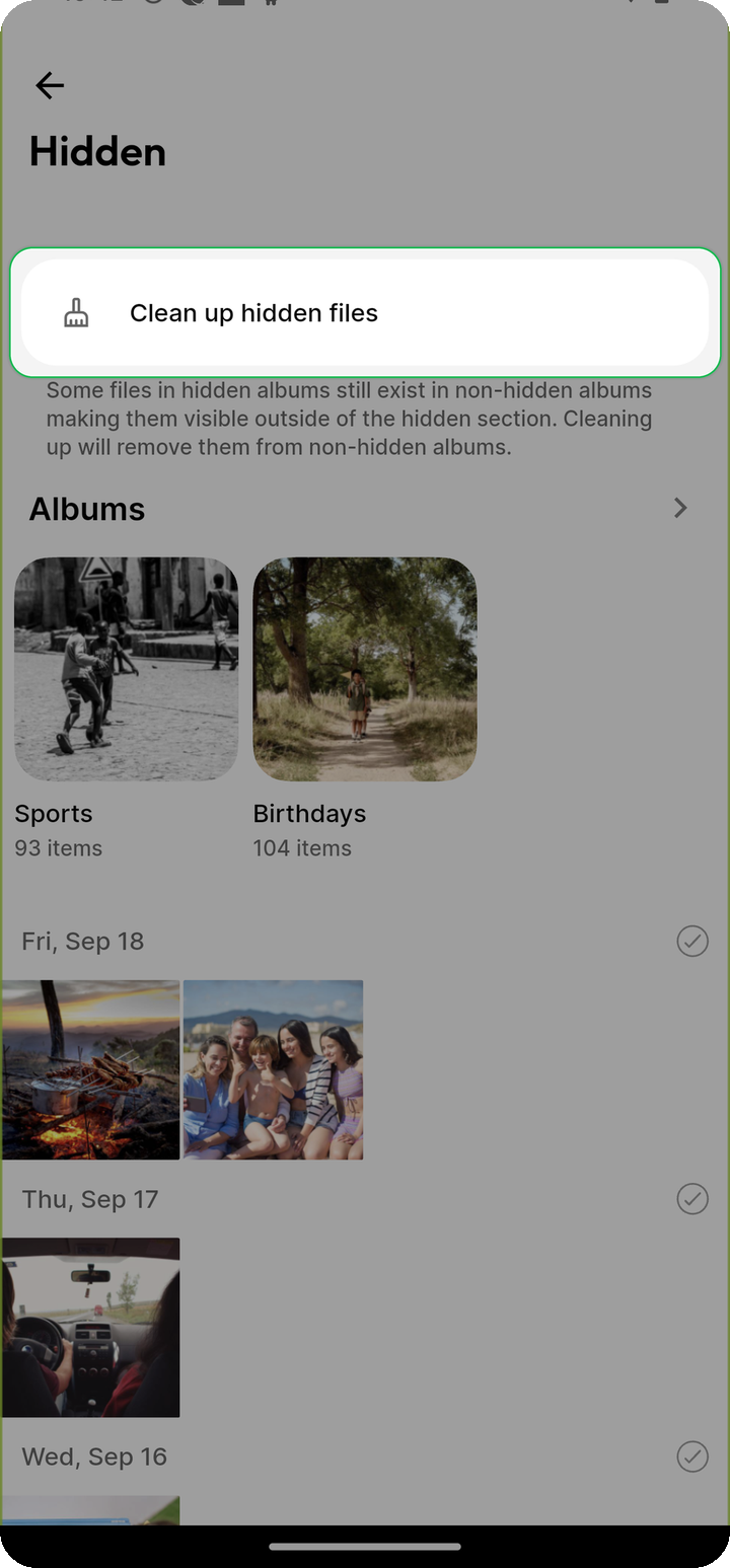 Clean up hidden files control highlighted at the top of the Hidden section on Ente Photos mobile