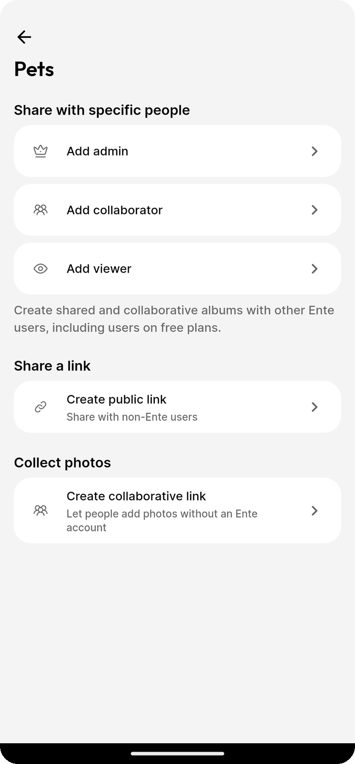 Album share panel on Ente Photos mobile with Add collaborator Create public link and Create collaborative link