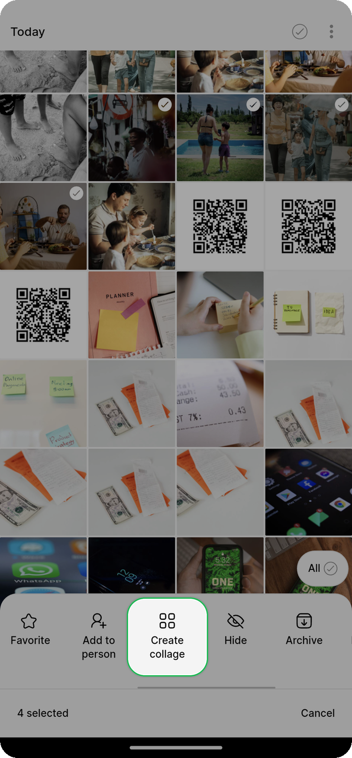 Create collage highlighted in the bottom action bar on Ente Photos mobile