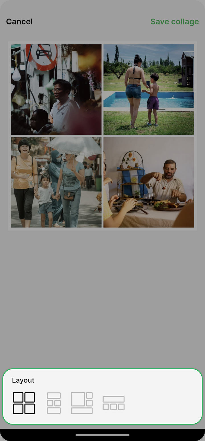 Layout options highlighted in the collage editor on Ente Photos mobile