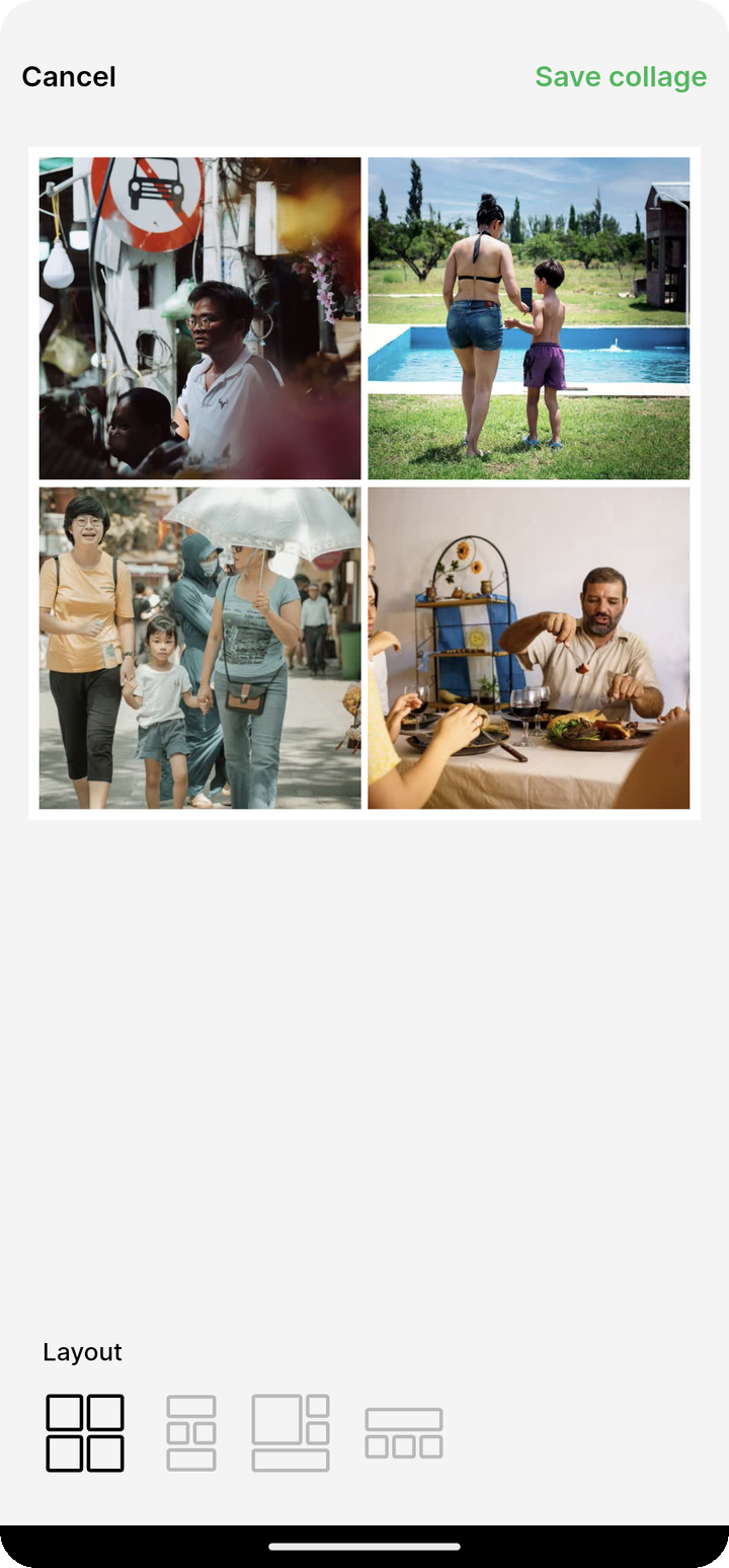 Collage editor with photo tiles arranged in a layout on Ente Photos mobile