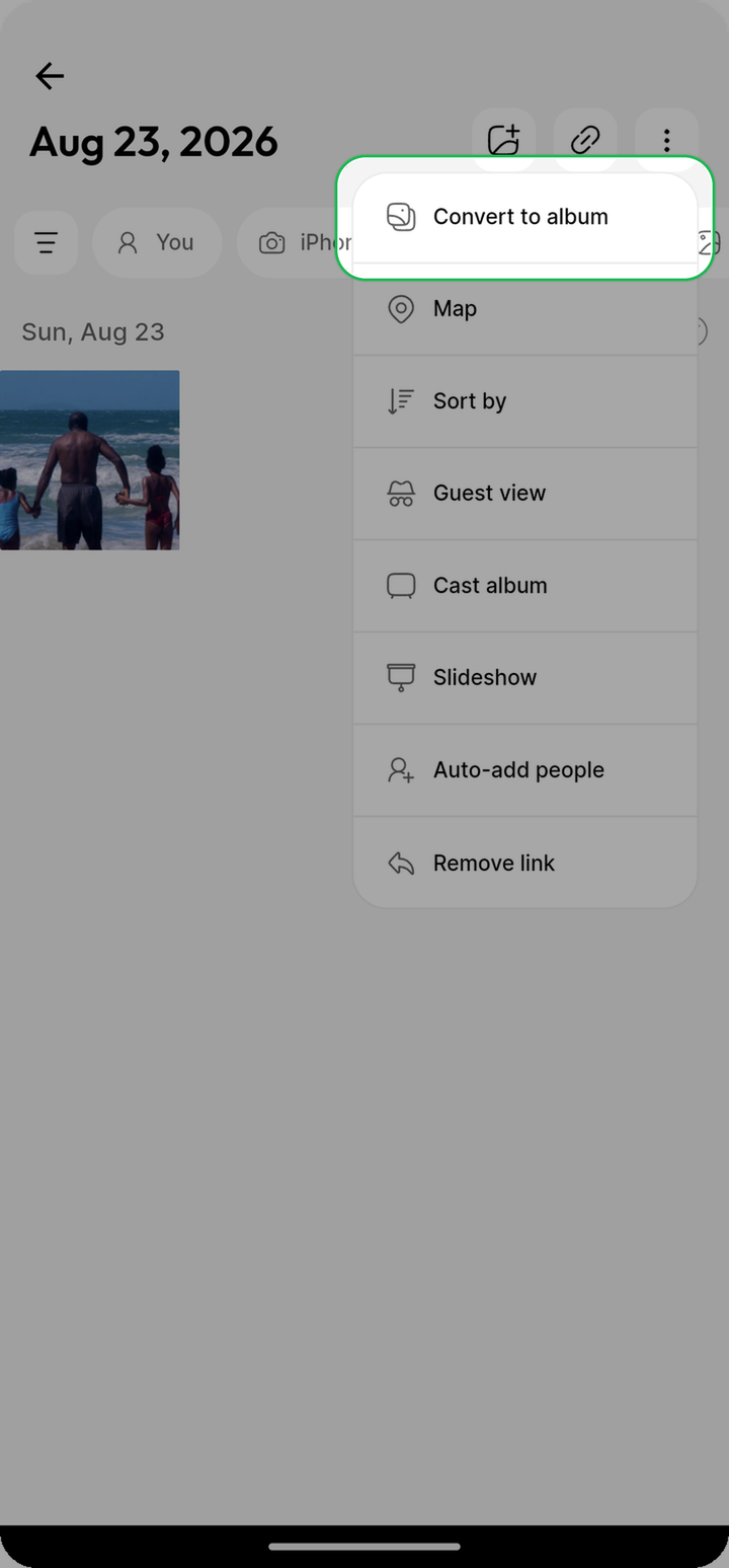 Convert to album highlighted in the link album More menu on Ente Photos mobile
