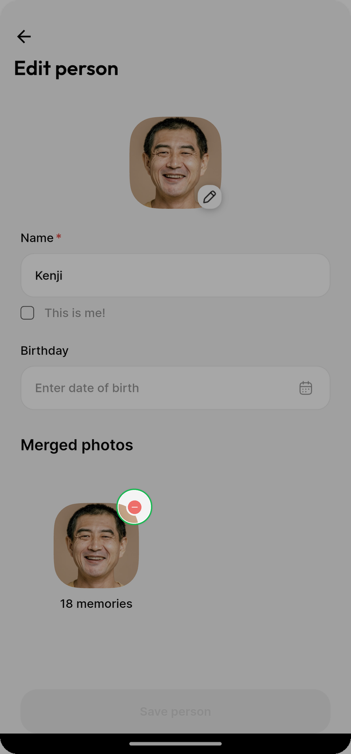 Red minus on a merged face cluster highlighted in Edit person on Ente Photos mobile