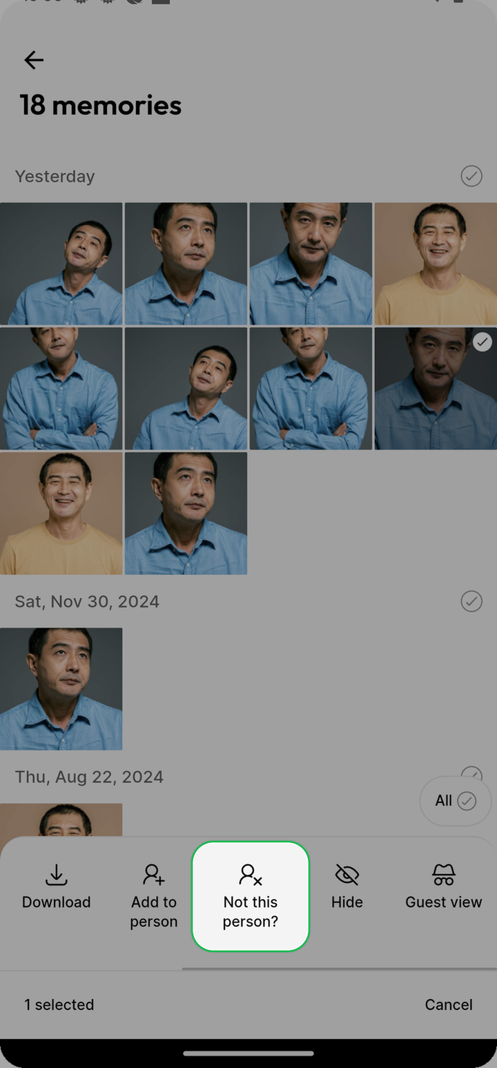 Not this person action highlighted after selecting a face photo on Ente Photos mobile