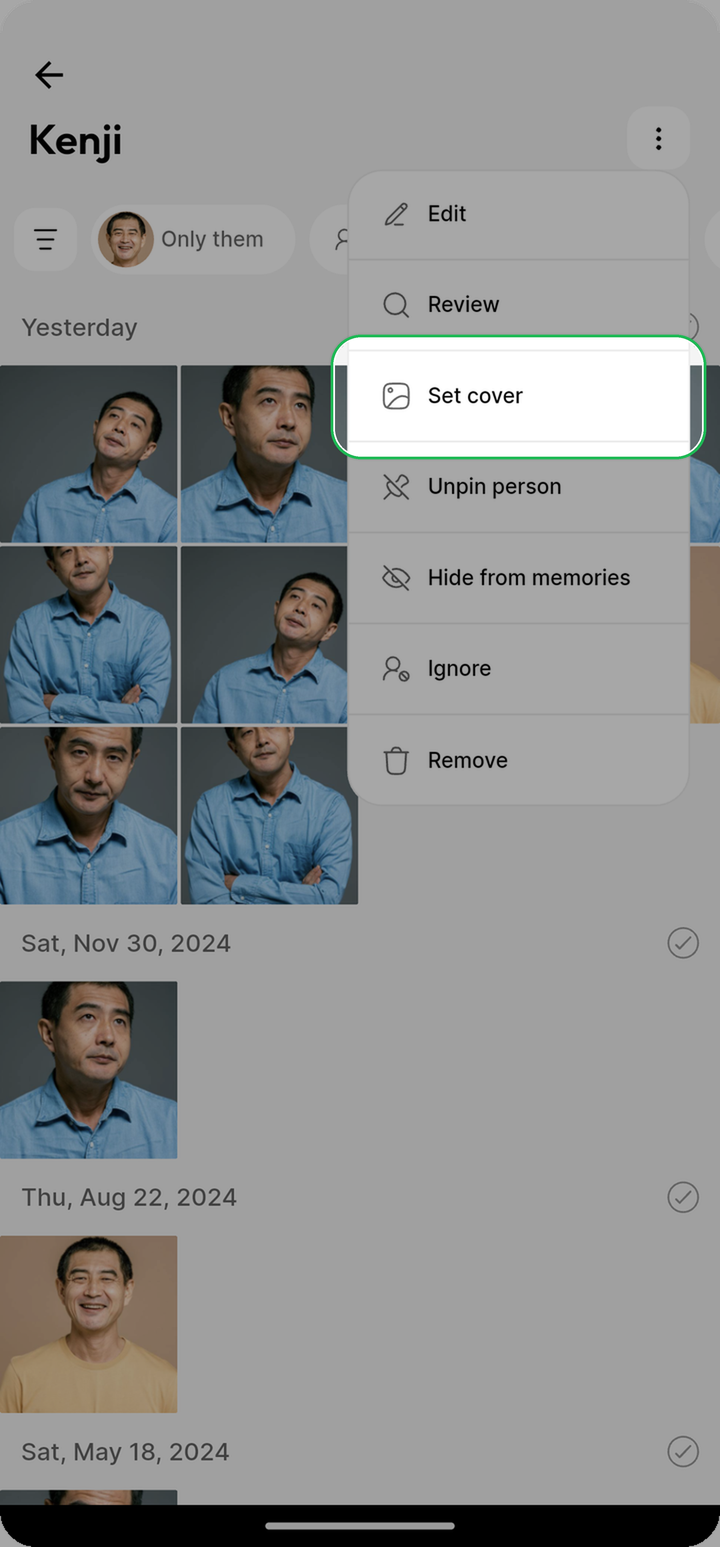 Set cover menu row highlighted on a person page on Ente Photos mobile