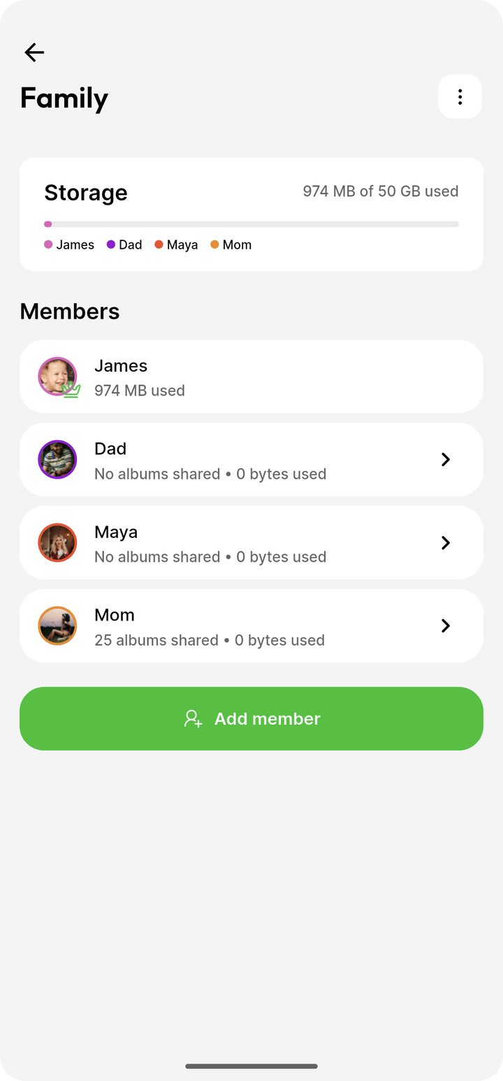 Family members list with face avatars and readable names for James (admin), Dad, Maya, and Mom on Ente Photos mobile