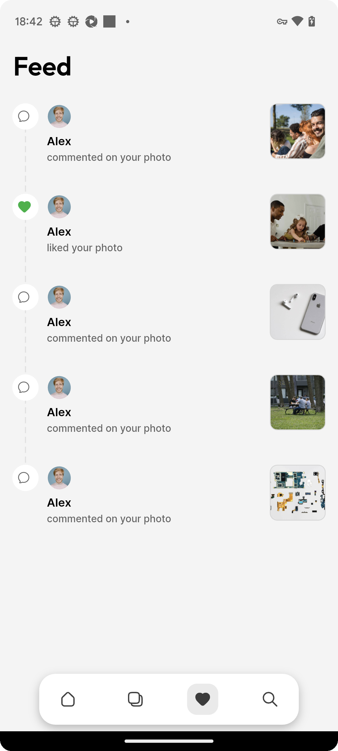 Feed tab on Ente Photos mobile showing Alex with ginger contact face commenting and liking, including outdoor picnic photo activity