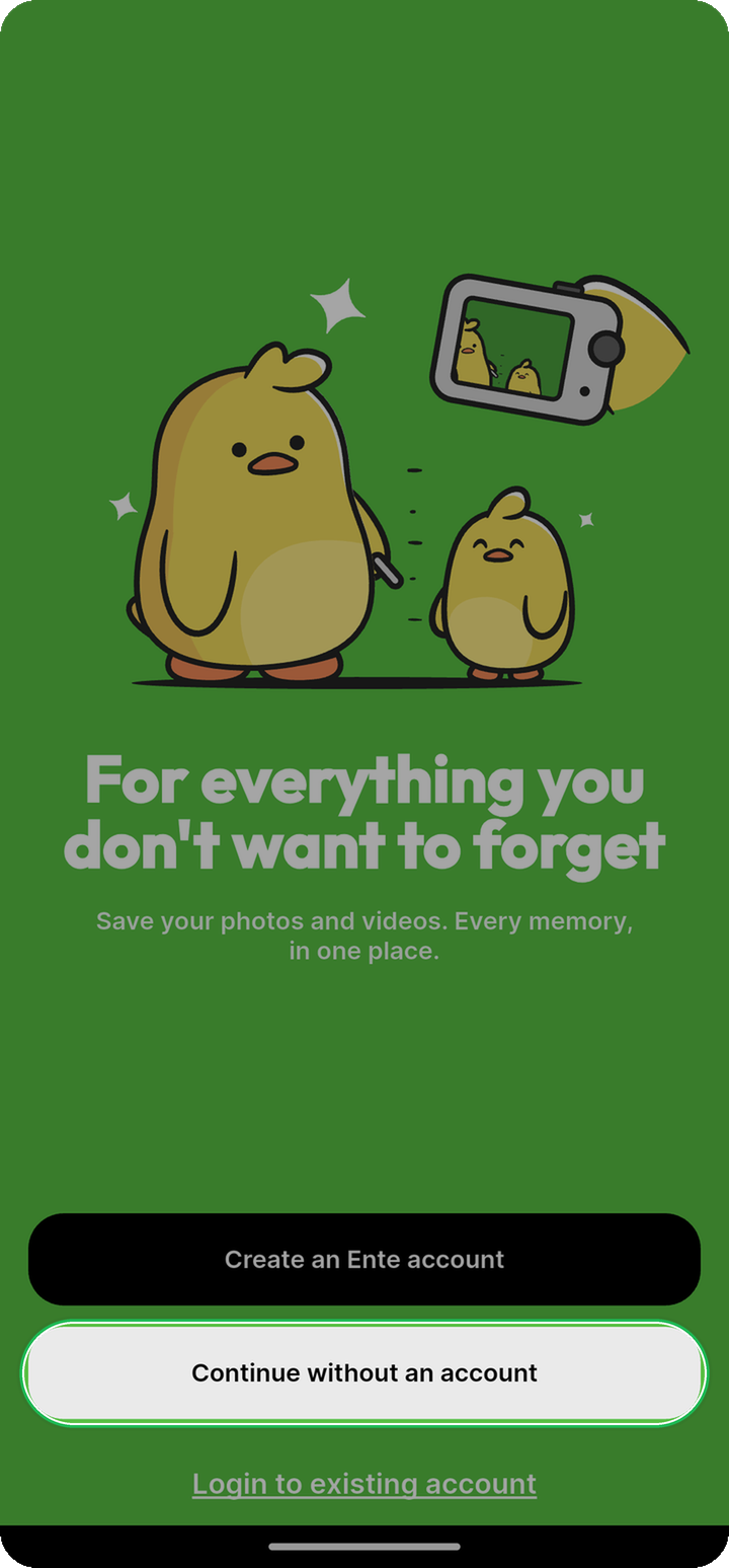 Welcome screen on Ente Photos mobile with Continue without an account highlighted