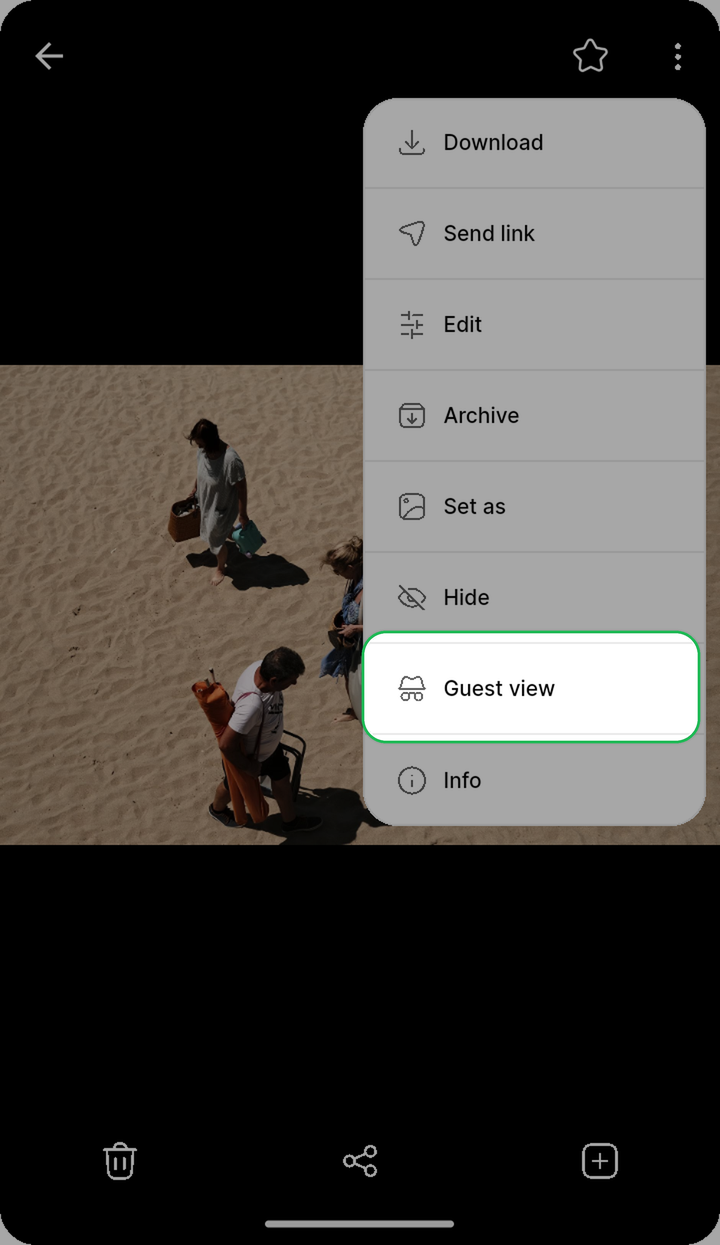 Guest view highlighted in the photo overflow menu on Ente Photos mobile