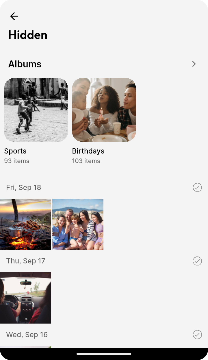 Hidden view showing hidden albums and photos on Ente Photos mobile
