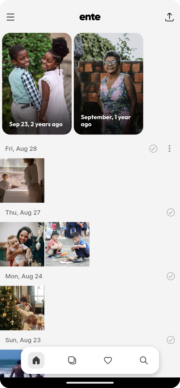 Home gallery with Memories strip on Ente Photos mobile