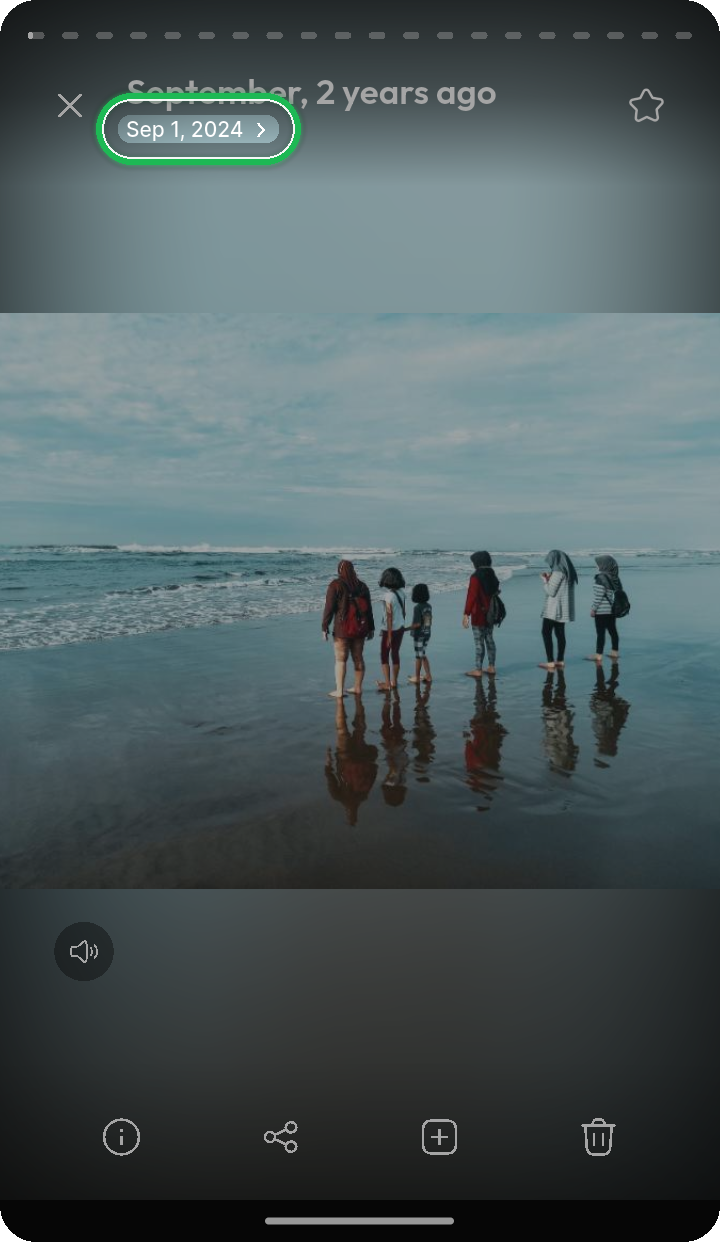 Tappable date chip highlighted in Memories on Ente Photos mobile