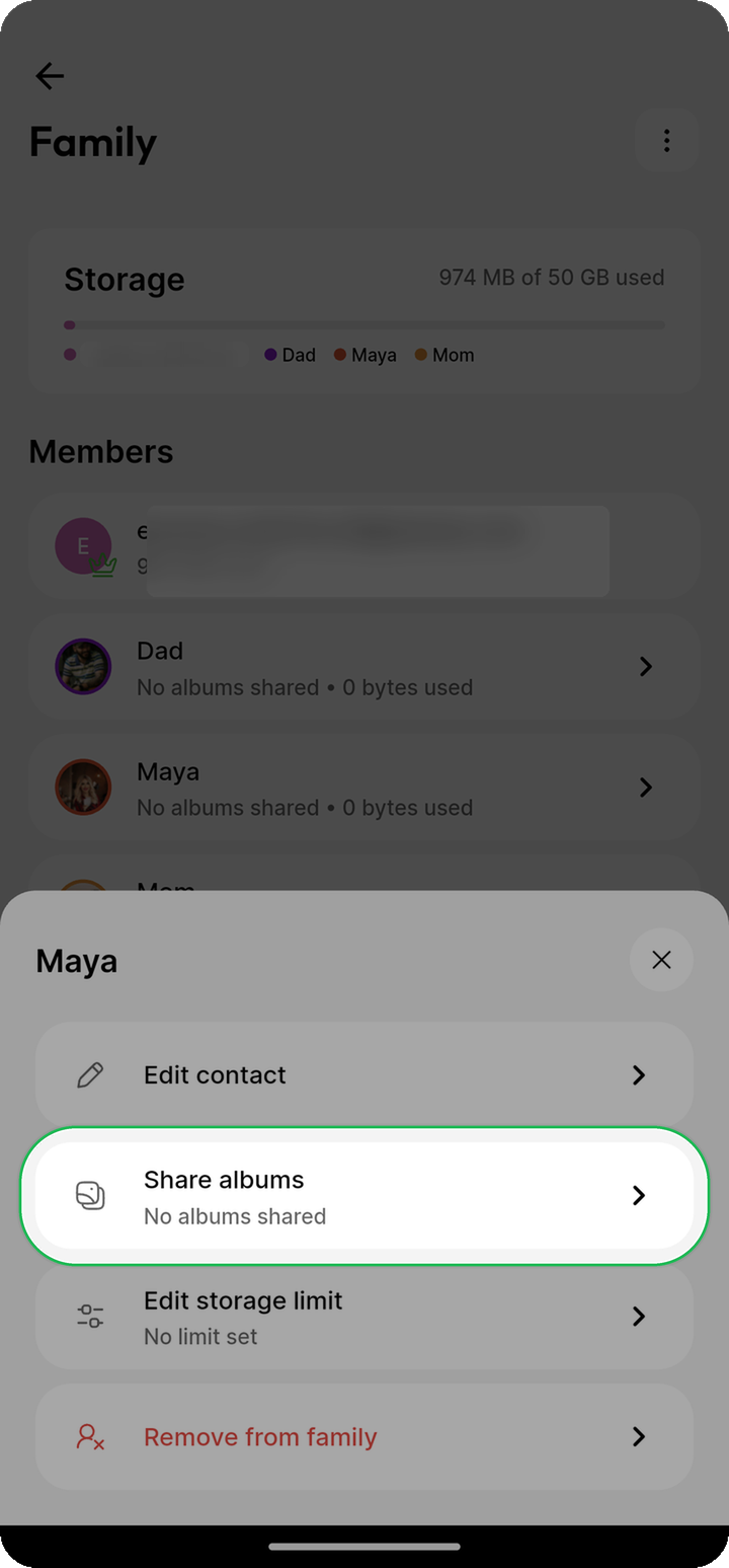 Share albums action highlighted on Maya partner member sheet with family faces visible on Ente Photos mobile