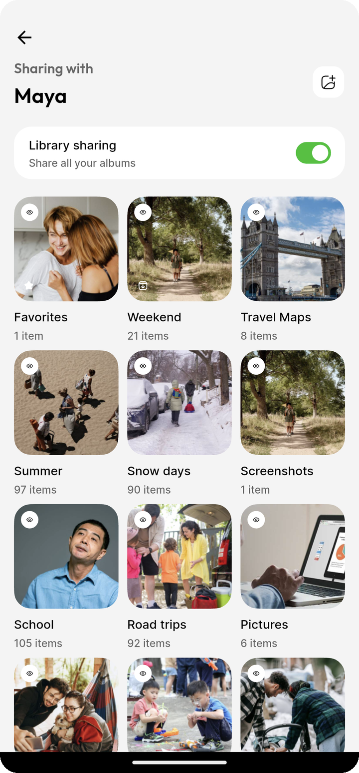 Library sharing toggle ON on Sharing with Maya with loaded album thumbs on Ente Photos mobile